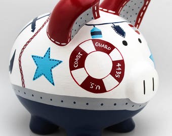 Nautical sailboat Personalized Piggy Bank in Navy, Red and Grey