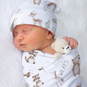 Personalized Woodland Forest animal jersey swaddle blanket | Baby girl boy receiving blanket | Baby shower gift | Gender neutral