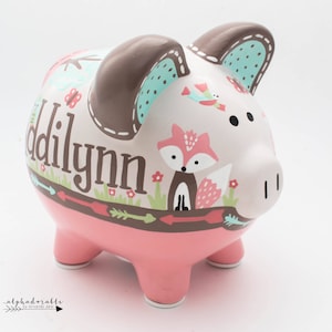 Woodland Animal Personalized Piggy bank in Peach, Mint and Brown with Fox, Deer, and Hedgehog