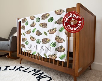 Sloth Baby Blanket | Tropical , Personalized Nursery Decor Name Blanket