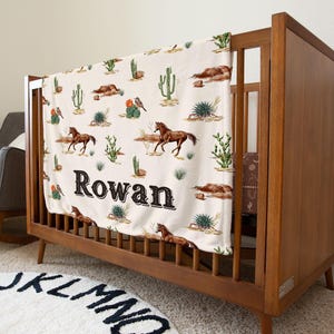 Cowboy baby blanket | Ranch blanket for kids | Personalized name blanket | Western nursery decor | Cow, Bronco, Cactus
