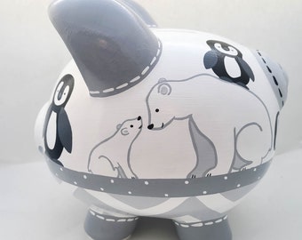 Penguin and Polar bear Arctic Personalized Piggy Bank in Black, White and Grey | Hand painted