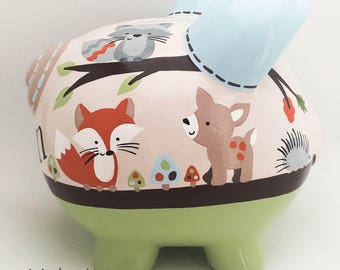 Forest Friends Personalized Piggy Bank with Fox, Deer, Raccoon, Owl, Hedgehog and Bear