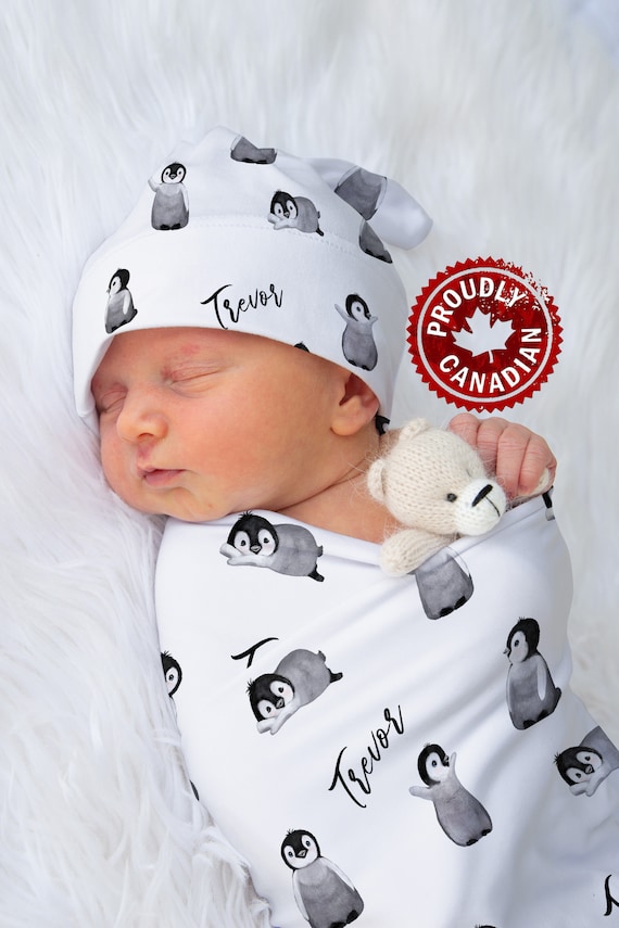 Personalized Penguin Jersey Swaddle Blanket | Arctic Baby Gift