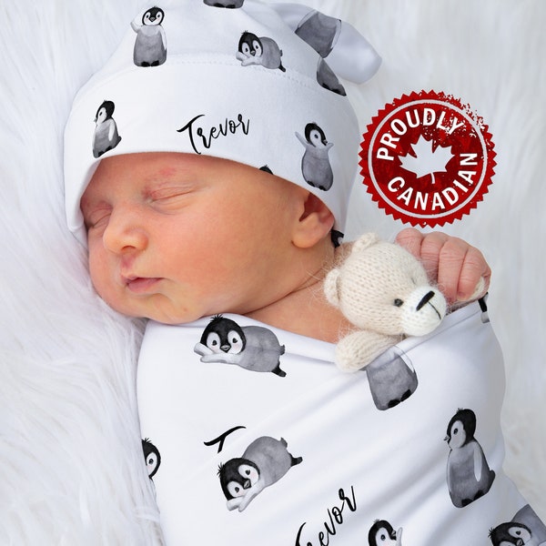 Personalized penguin arctic animal jersey swaddle blanket | Baby boy receiving blanket | Baby shower gift