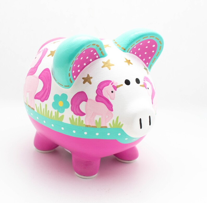 Rainbow Unicorn Personalized Piggy Bank in Teal Pink and Gold Etsy Canada