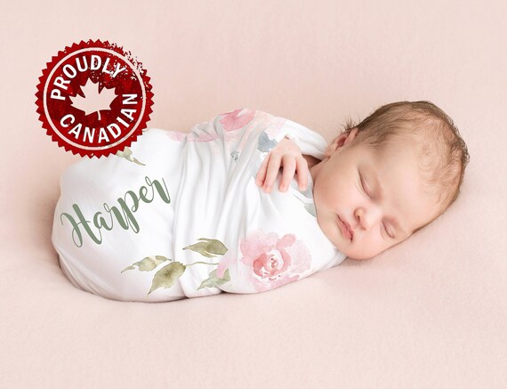 Personalized Blush Pink and Grey Floral Jersey Swaddle Blanket Baby Girl Receiving Blanket Baby Shower Gift Name Blanket Etsy Canada