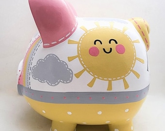 You are my Sunshine Personalized Piggy bank in mustard yellow, pink and grey | Hand Painted