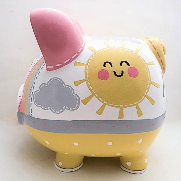 Hucha de cerdito con forma de sol pintada a mano, decoración personalizada para la habitación del bebé