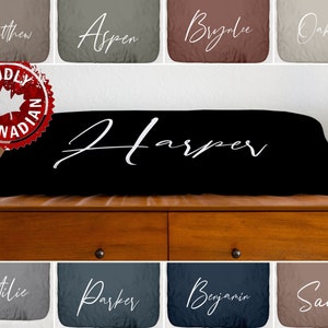 Può includere: Una collezione di coperte per bambini personalizzate con diversi nomi, tra cui Matthew, Aspen, Brylee, Oakley, Harper, Ottilie, Parker, Benjamin e Sadie. Le coperte sono realizzate in tessuto morbido e soffice e presentano un design semplice ed elegante con il nome scritto in un carattere elegante.