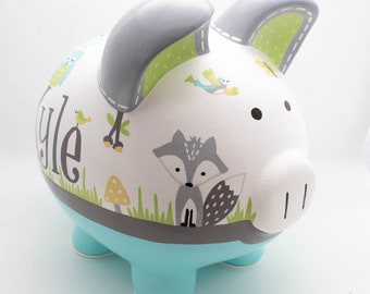 Spersonalizowana skarbonka ze zwierzętami leśnymi, ręcznie malowana dekoracja do pokoju dziecięcego