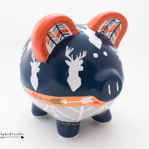 Hunter Buck Rustic Personalized Piggy Bank with Deer, Chevron and arrows in Navy, Orange, Gold and Grey