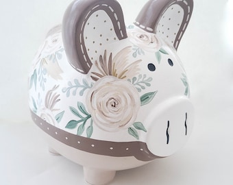 Boho Floral Personalized Piggy Bank in tan, cream and green | Hand painted dried floral | Pampas, Eucalyptus nursery decor