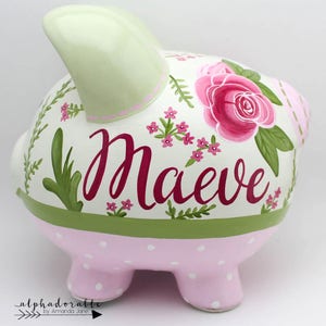 Roses for Bella Personalized Piggy bank in Green, and Pink Floral