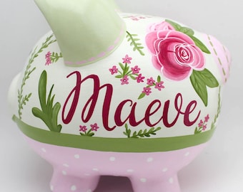 ベラのためのバラのパーソナライズされた貯金箱（グリーンとピンクの花柄）
