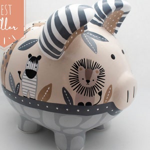 Tanzania Safari Jungle Personalized Piggy Bank with Lion, Monkey, Elephant and Zebra in Tan and Grey Neutrals