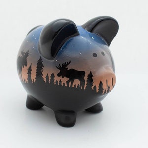 Personalized moose silhouette sunset piggy bank | orange, blue and black forest design with starry sky | hand painted ceramic