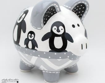 Penguin Personalized Piggy Bank in Black, White and Grey