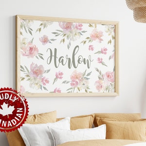 Impression d'art de pépinière florale de fard à joues | Fleur personnalisée pour les enfants | Cadeau bébé | Décoration murale de pépinière | art floral rose et vert