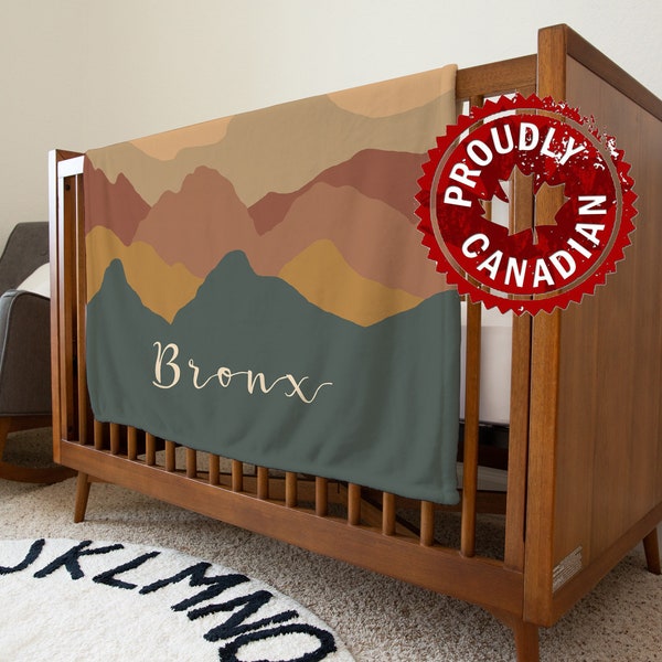 Personalized Earth Tone Baby Blanket in burnt orange, mustard and teal ombre mountains | Stroller Name Blanket