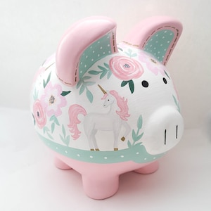 Unicorn floral personalized piggy bank in pink, green and gold