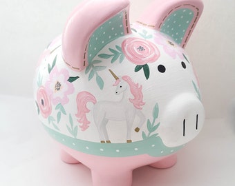 Unicorn floral personalized piggy bank in pink, green and gold