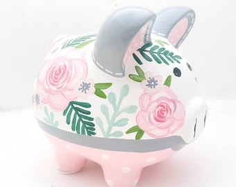 Pink and grey floral rose print Personalized Piggy bank in Green, and Pink Flowers