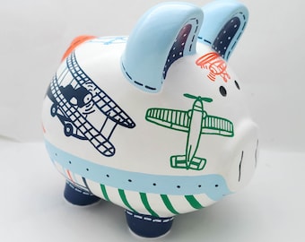 Jayce Planes Personalized Piggy bank in Navy Blue, Green and Orange with Vintage Airplanes