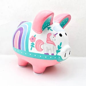 Rainbow Unicorn Personalized Piggy Bank | Pink, turquoise and purple | Girls piggy bank