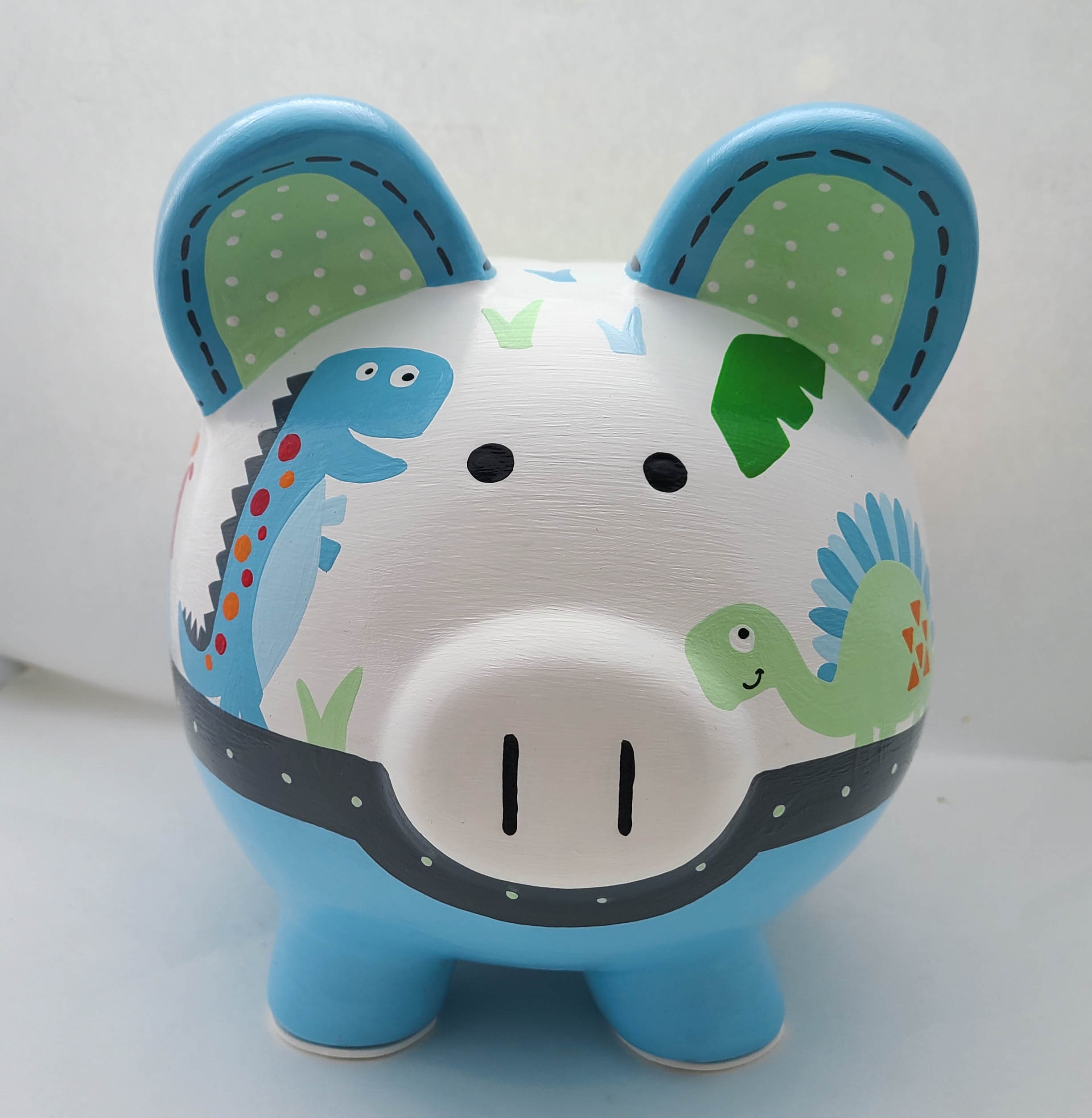 Dinosaur Roar Personalized Piggy Bank in Blue, Orange, Green and Red