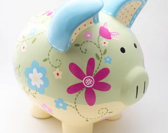 Daisy  Floral Ceramic Personalized Piggy Bank in Green, Yellow and Blue