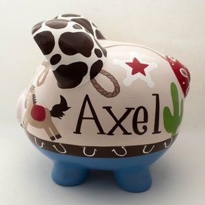 Cowboy Personalized Piggy Bank with Cow Print, Horse, cactus and lasso
