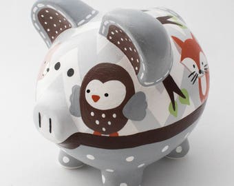 Chevron Forest Friends Personalized Piggy bank in Grey and White with Fox, Deer, Owl and Bear