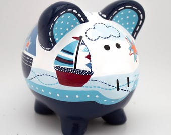 Nautical Hand-Painted Ceramic Piggy Bank, Personalized Sailboat Decor
