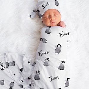 Personalized Penguin Jersey Swaddle Blanket | Arctic Baby Gift image 6