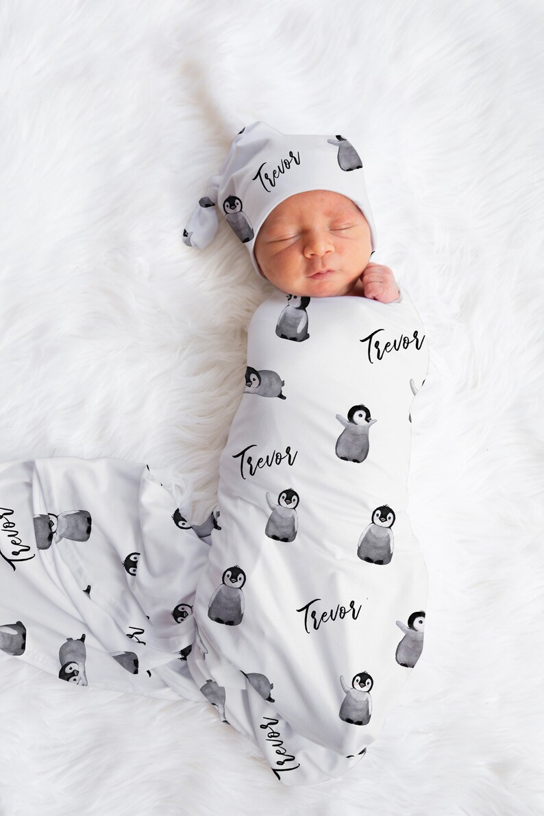 Personalized Penguin Jersey Swaddle Blanket | Arctic Baby Gift image 6