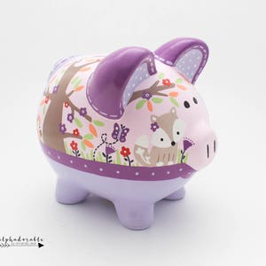 Lavender Woods Personalized Piggy bank with Fox, Owl and Squirrel