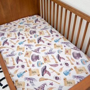Wizard School personalized crib sheet | Magic school baby bedding | Purple owl decor | jersey mini crib sheet