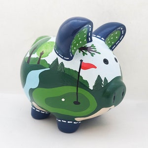 Golfing themed Personalized Piggy Bank in green, navy and red | Golf course, golf cart clubs ball