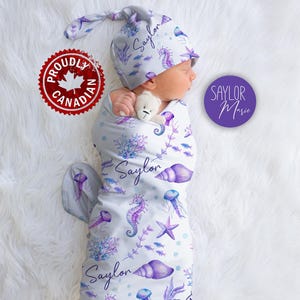 Personalized seahorse, jellyfish ocean jersey swaddle blanket | Baby girl receiving blanket | Nautical baby shower gift