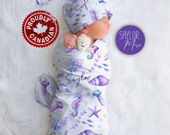 Personalized Ocean Jersey Swaddle Blanket Set, Nautical Baby Girl Shower Gift