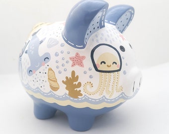 Ocean Creature Personalized Piggy Bank | Hand-Painted Ceramic Nursery Decor