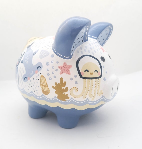Ocean Sea Creature Personalized Piggy Bank in Blue and Coral Whale
