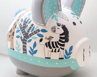 Jungle Fun Personalized Piggy Bank with Lion, Monkey, Elephant and Zebra in turquoise blue and grey | baby gift idea | hand painted