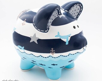 Personalized Nautical Piggy Bank, Hand Painted Ceramic with Sailboat