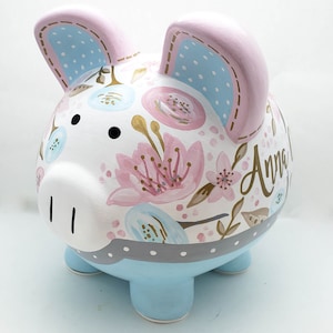 Personalized Piggy Bank Spring Flowers Handpainted Pastels