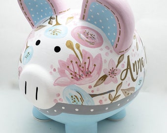 Floral Personalized Piggy Bank in blush pink, baby blue and gold