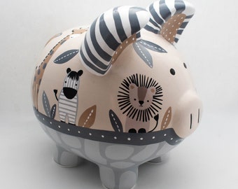 Tanzania Personalized Safari Piggy Bank, Hand Painted Jungle Animals