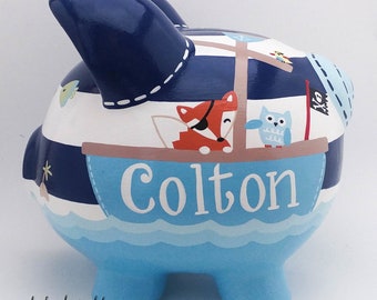 Personalized Nautical Pirate Piggy Bank, Hand Painted Pirate Ship, Navy Blue