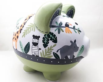Hand Painted Jungle Piggy Bank, Personalized Green Safari Nursery Decor